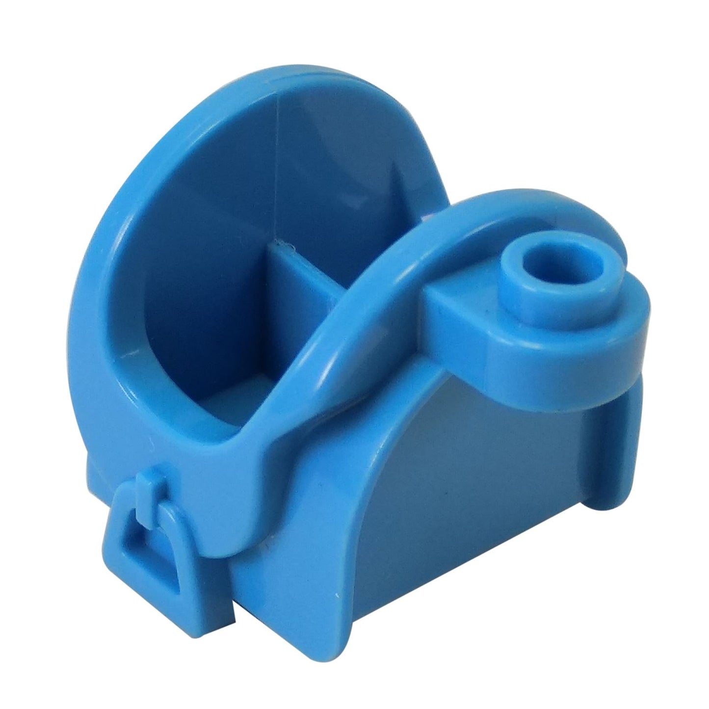 Front view of a medium azure LEGO horse saddle accessory (93086) with molded details.