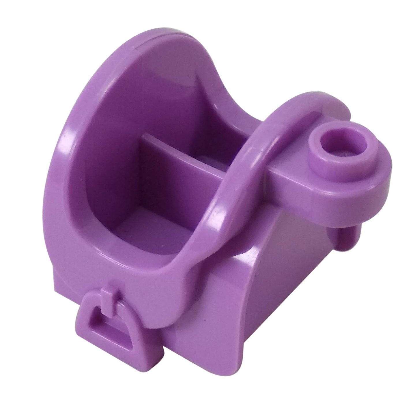 Close-up of a medium lavender LEGO horse saddle piece (93086) shown at an angle.