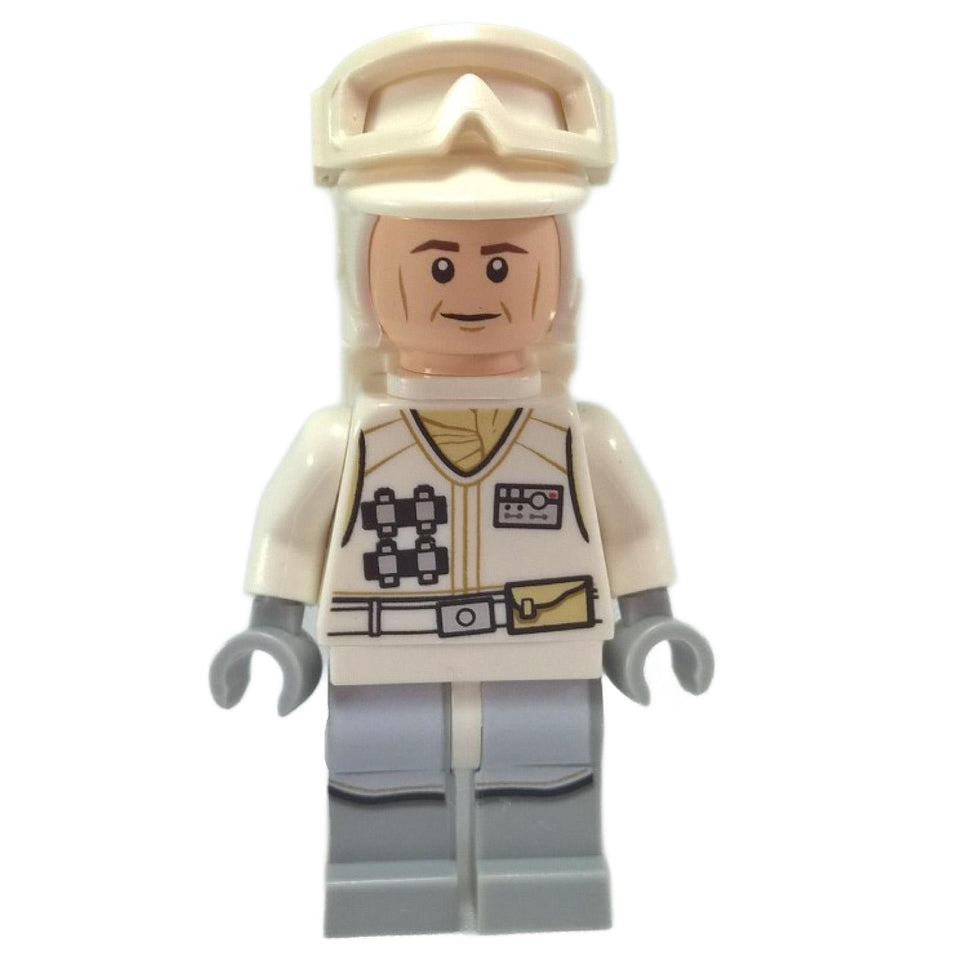 Minifigura de LEGO Star Wars Hoth Rebel Trooper en un uniforme blanco, mostrada de frente. La figura lleva un casco blanco para clima frío con gafas integradas.