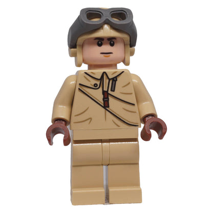 LEGO® Indiana Jones Fighter Pilot minifigure iaj048 front view with flight helmet, goggles and printed uniform