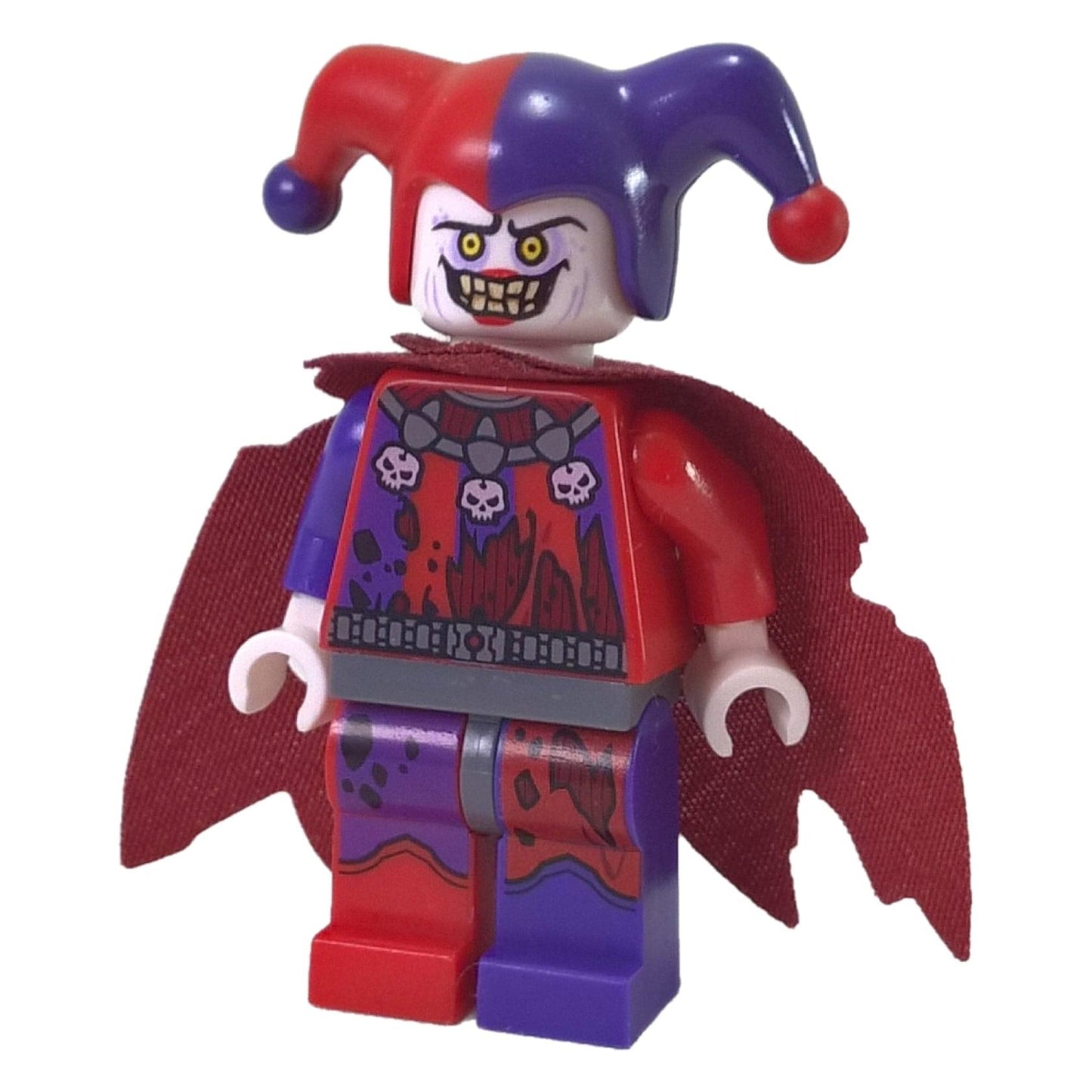 LEGO Nexo Knights Jestro minifigure nex013 with red and purple jester hat and tattered cape.