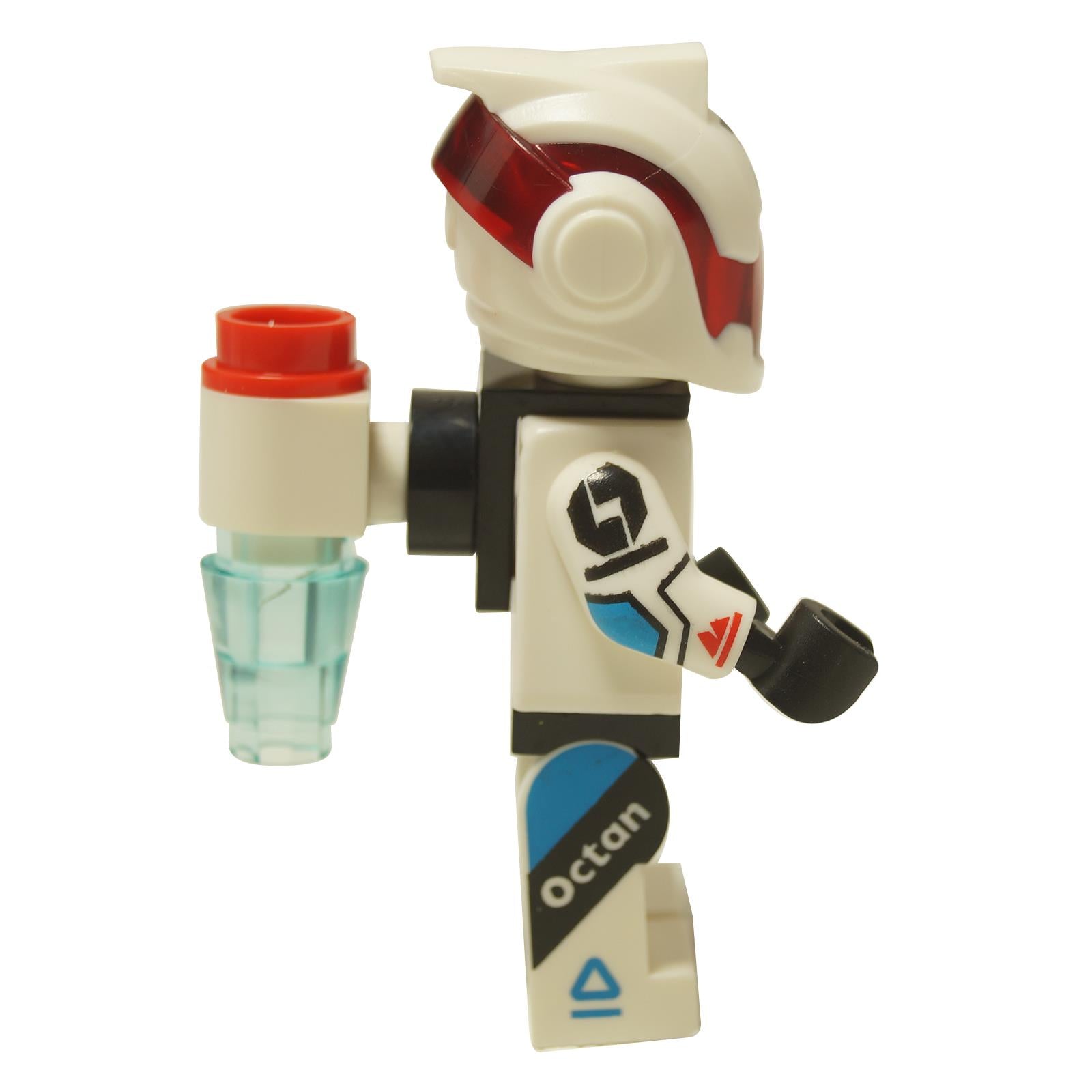LEGO® Jetpack Racer minifigure (col451) from Collectible Minifigures Series 27, shown from  side to display the Octan suit and jetpack.