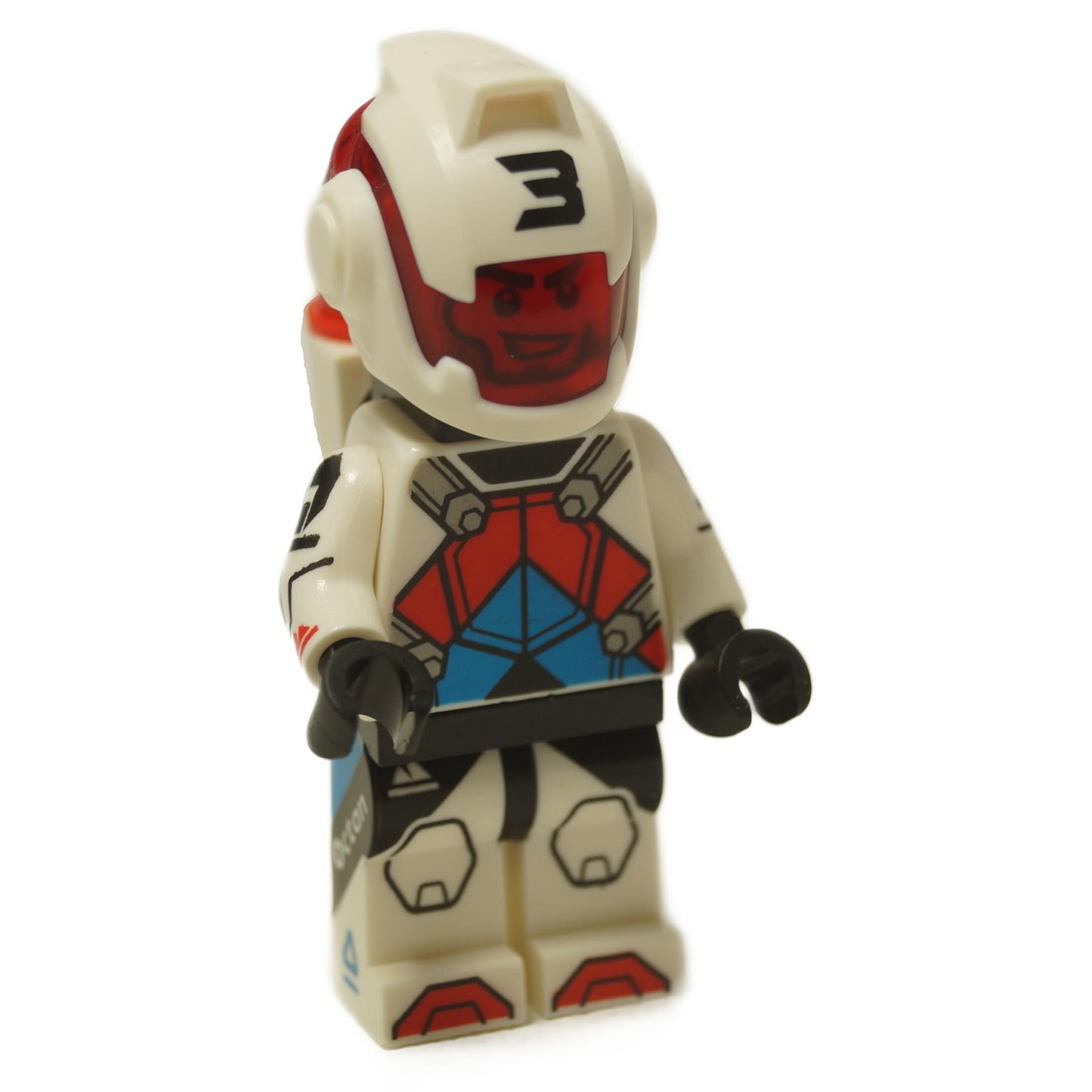 LEGO® Jetpack Racer minifigure (col451) from Collectible Minifigures Series 27, shown from the front and side to display the Octan suit and jetpack.