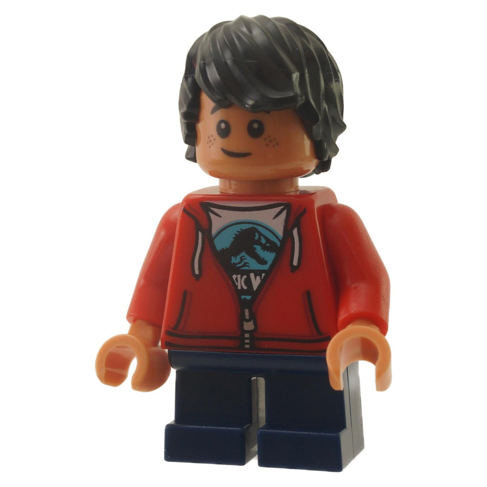 LEGO® Jurassic World Hudson Harper minifigure (jw046) with a red hoodie, short legs, and a panicked facial expression, front view.