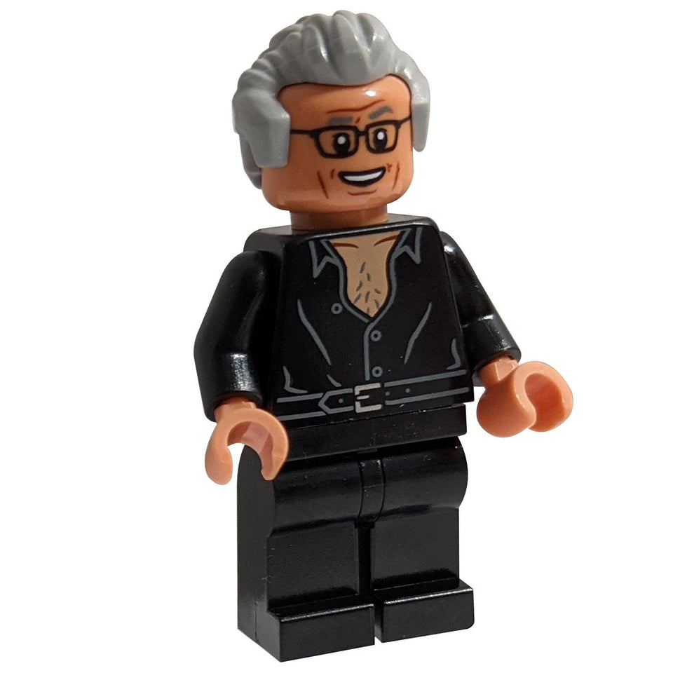 LEGO® Minifigura de Ian Malcolm (jw085) con cabello gris, gafas y camisa negra abierta del set de Jurassic World: Dominion 76961.