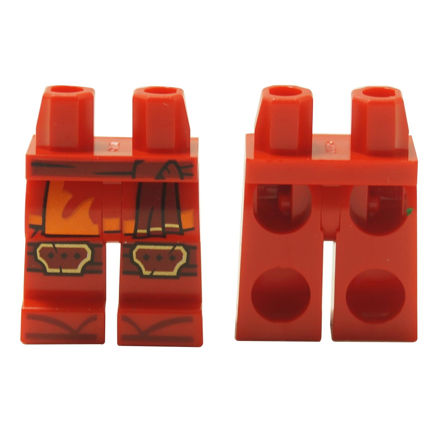 LEGO® Kai minifigure legs (970c00pb1768) in red, with a printed orange fire sash, brown belts, and sandal wraps.