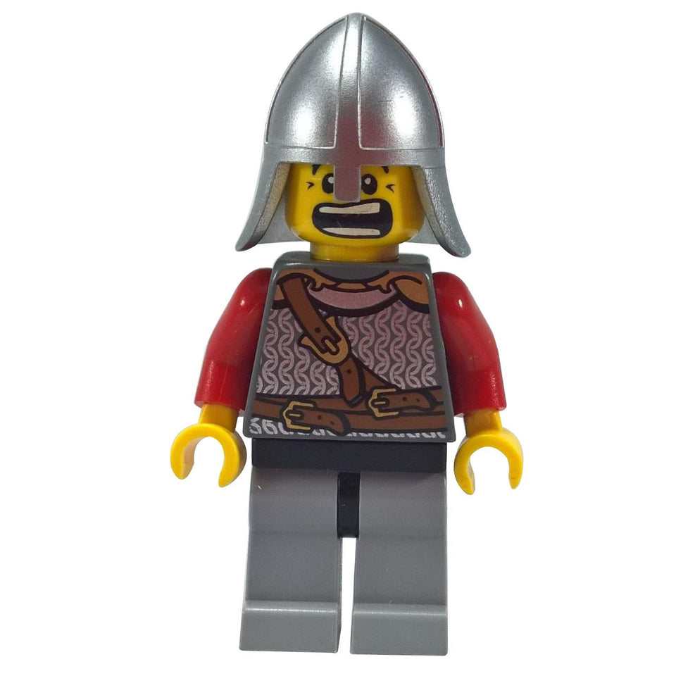 LEGO Lion Knight cas438 in scale mail with a silver helmet, front view.