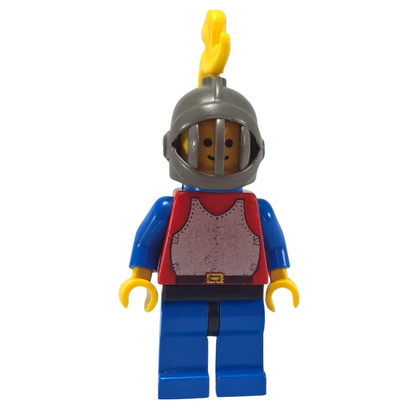 LEGO Castle Knight minifigure cas414 with red breastplate torso, blue cape, and grille helmet.