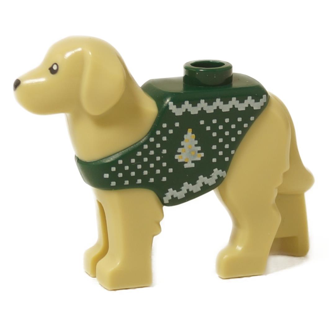 LEGO® Labrador dog figure wearing a dark green Christmas sweater with white tree pattern, right side view