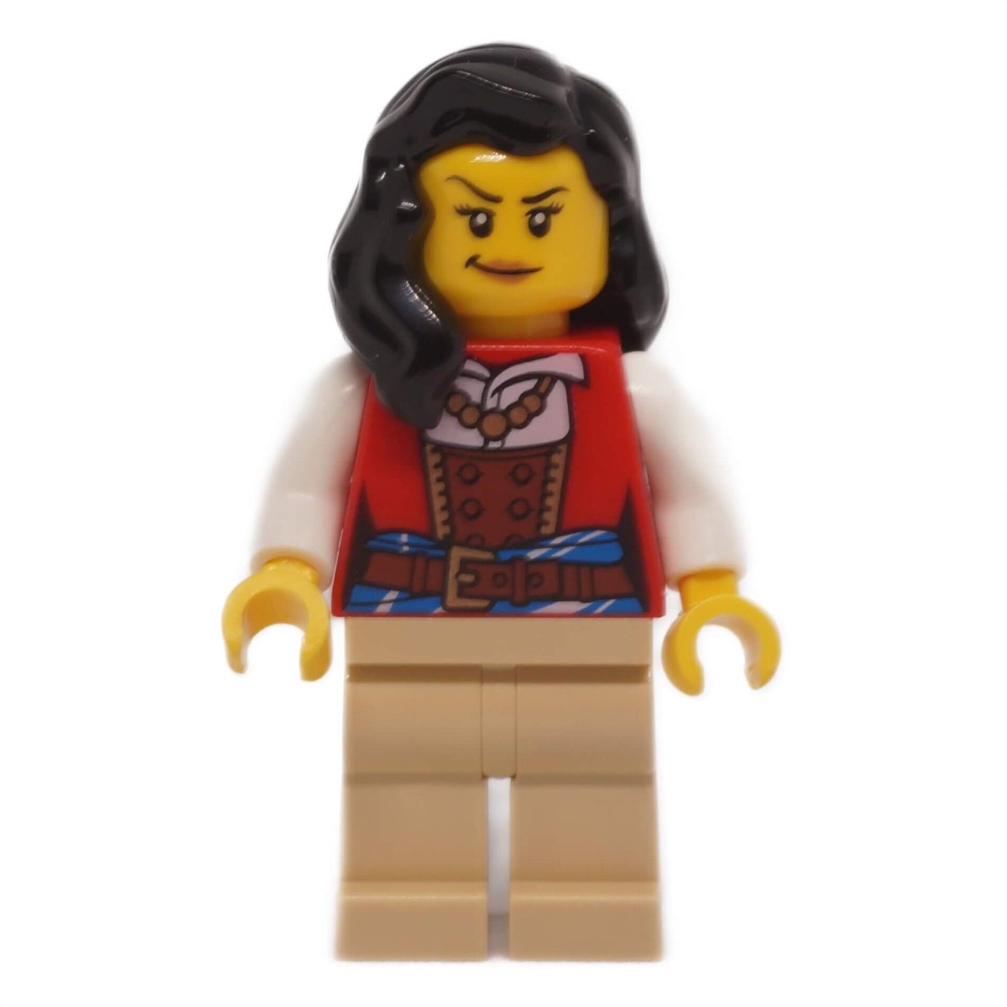 LEGO Lady Anchor minifigure idea067 from Pirates of Barracuda Bay set 21322, red vest, brown corset print, blue striped sash, long black wavy hair