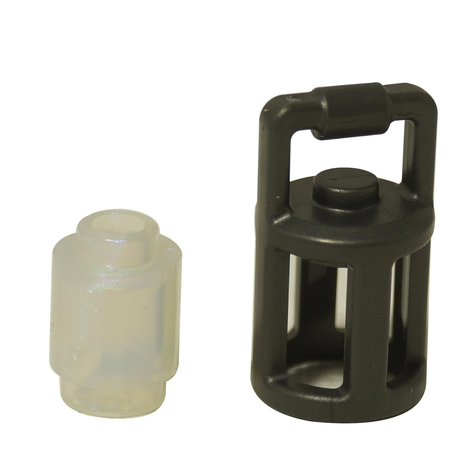 LEGO® accesorio de linterna negra mostrado con núcleo translúcido removible, piezas de linterna no ensambladas
