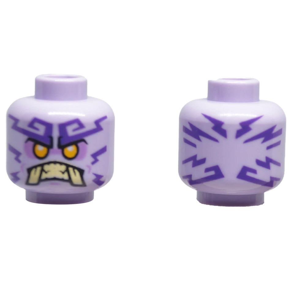 Front and back of LEGO® lavender alien minifigure head 3626pb2768 with tribal tattoos, bright light orange eyes and tan tusks