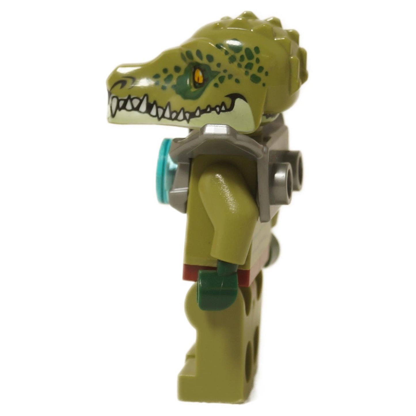 Vue de côté de LEGO® Legends of Chima Crawley Minifigure (loc162) montrant les détails du museau de crocodile et la pièce d'armure Chi attachée.