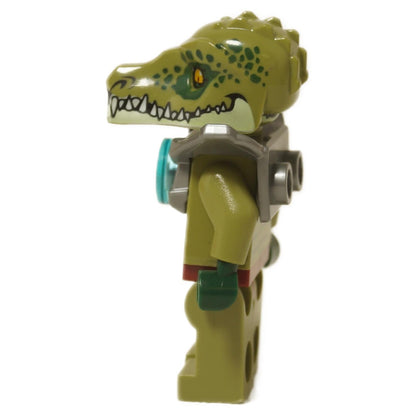 Vue de côté de LEGO® Legends of Chima Crawley Minifigure (loc162) montrant les détails du museau de crocodile et la pièce d'armure Chi attachée.