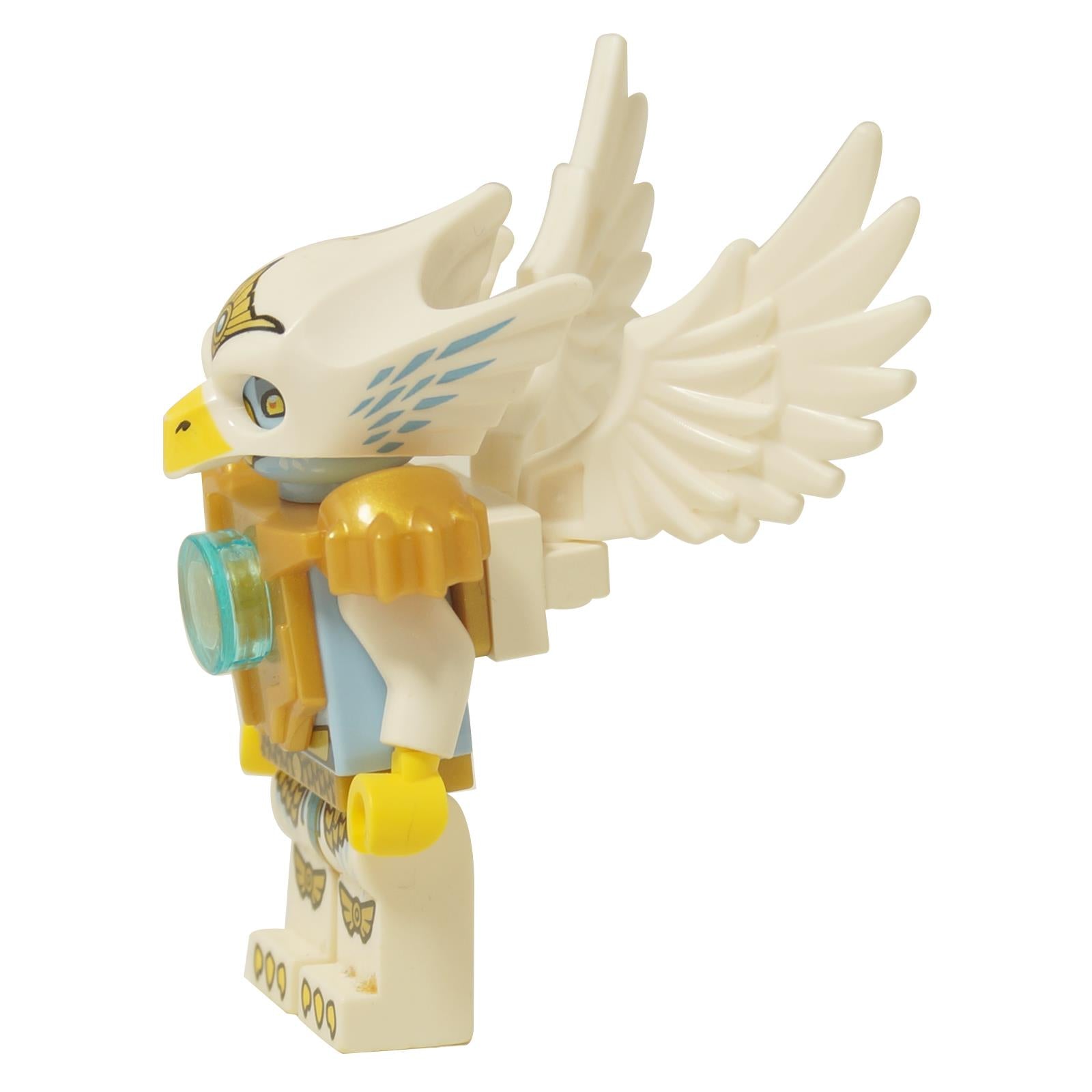 LEGO® Legends of Chima Eris minifigure (loc037) with white eagle head, gold armor, and blue feather markings, side profile.