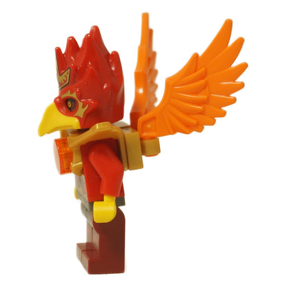 LEGO® Legends of Chima Fluminox minifigura (loc104) com asas cor de chama e armadura vermelha, mostrando o perfil lateral do adereço de cabeça Phoenix.