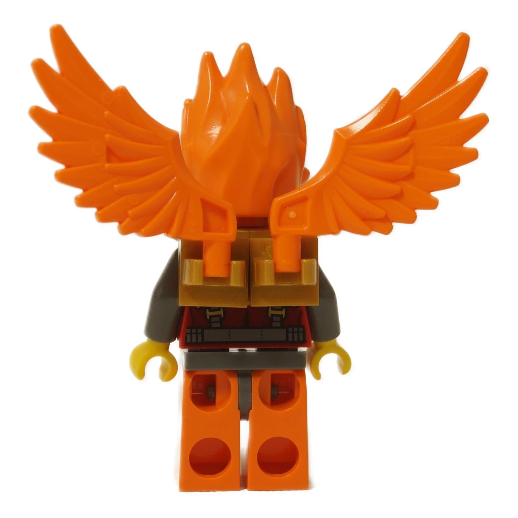 LEGO® Minifigura de Legends of Chima Frax (loc105) con alas naranjas extendidas y armadura de hombros dorada, vista trasera.