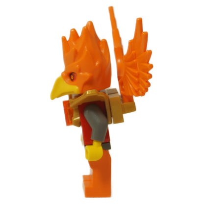 LEGO® Minifigura de Legends of Chima Frax (loc105) mostrando alas naranjas, casco de ave y diseño de armadura detallado, vista lateral.