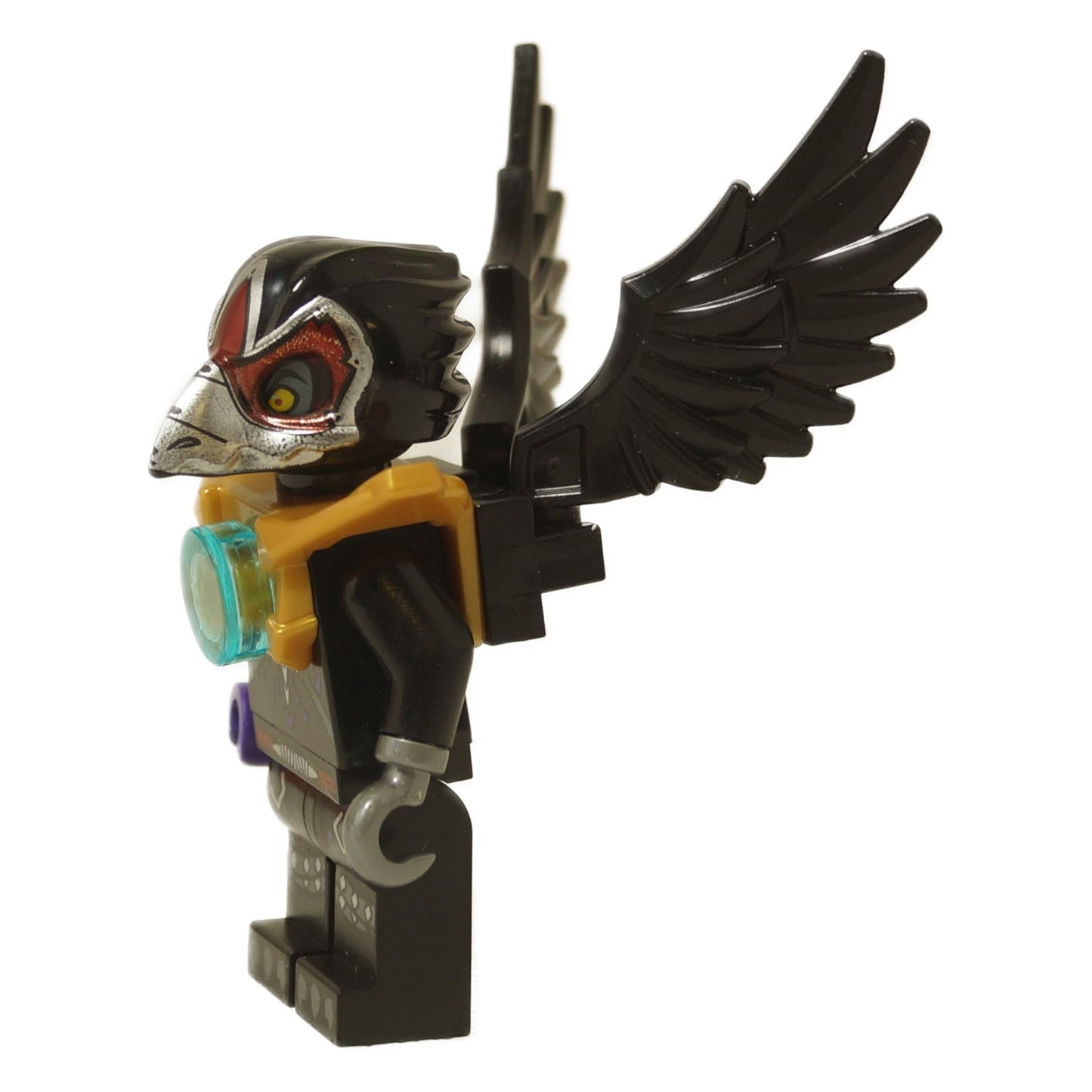 LEGO® Legends of Chima Razar Raven Prince minifigure (loc042) with black wings, metallic bird mask, and gold chest armor, side profile.