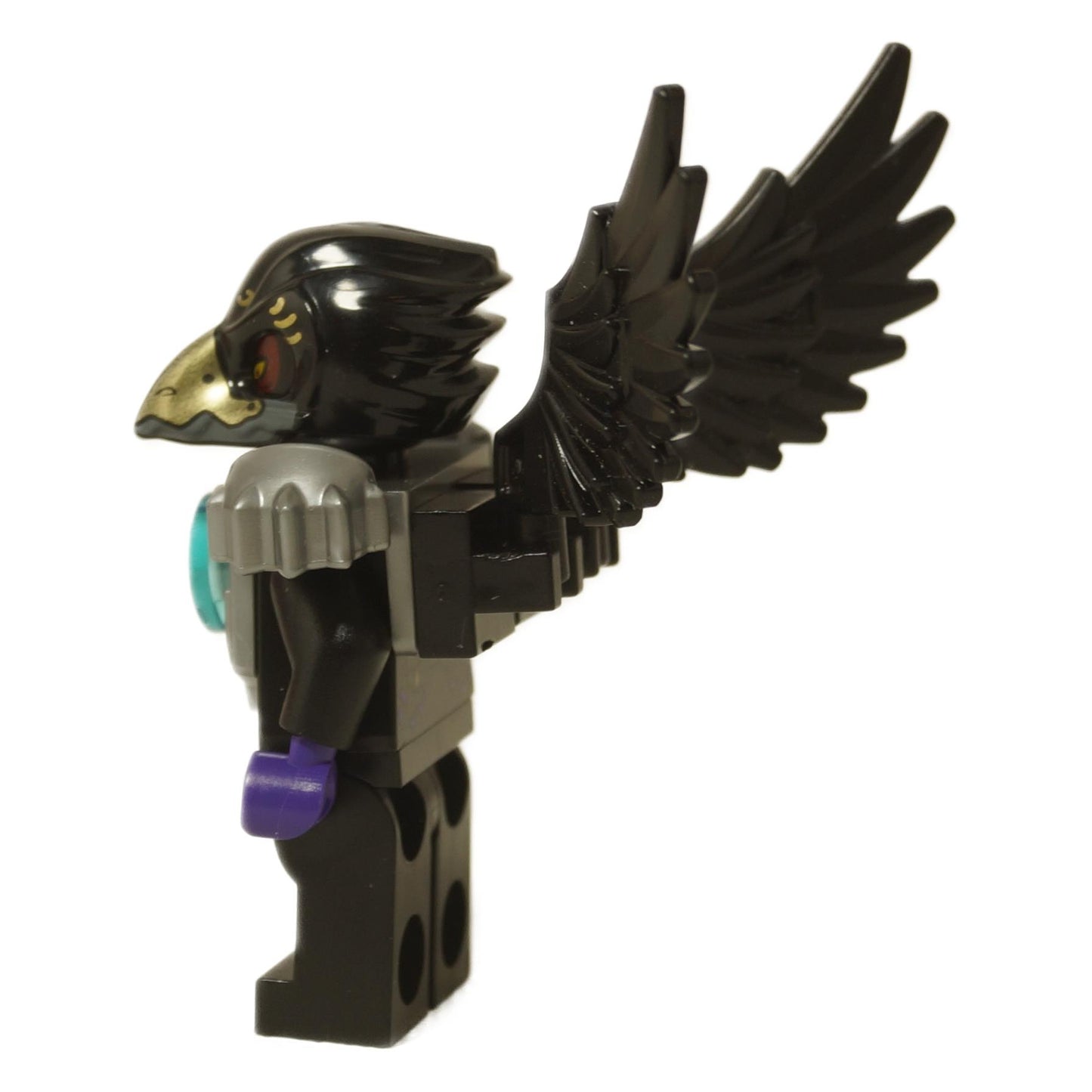 LEGO® Legends of Chima Razcal minifigure (loc034) wearing silver shoulder armor and black wings, showing detailed bird head and purple hands, side profile.