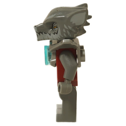LEGO® Legends of Chima Wakz minifigura (loc008) szürke farkas sisakban és ezüst páncélban, részletes piros törzsnyomattal, oldalnézet.