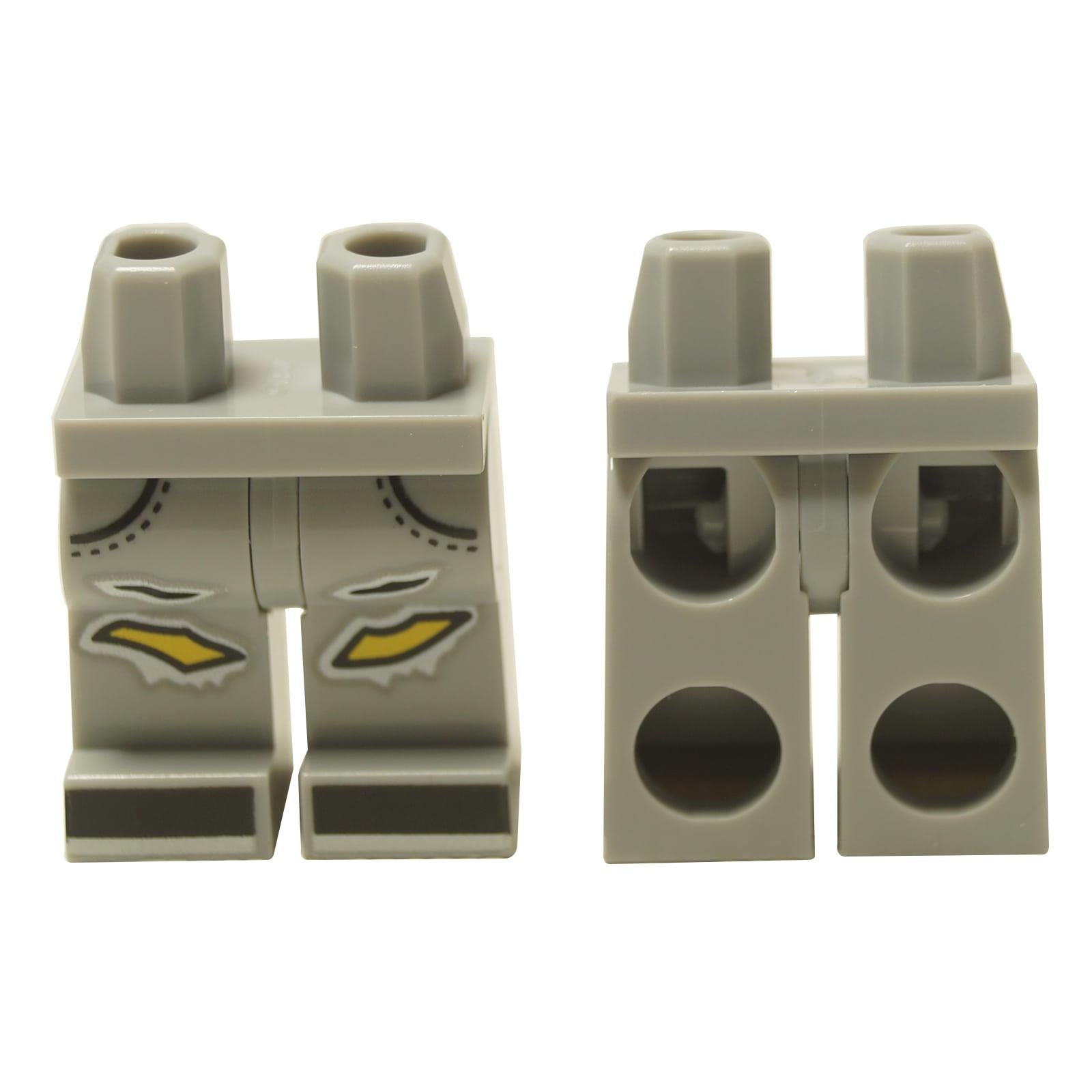 LEGO® Hips and Legs assembly (970c00pb1714) with printed light bluish gray ripped jeans showing yellow patches underneath.