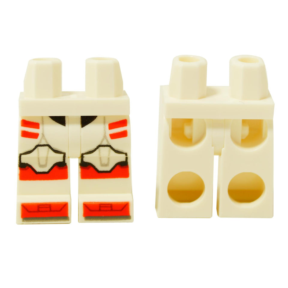 LEGO® Piernas del Clon Trooper de la Guardia de Coruscant de Star Wars en blanco con marcas de armadura rojas y un diseño detallado en las rodillas y caderas (970c00pb1555), vista frontal y trasera.