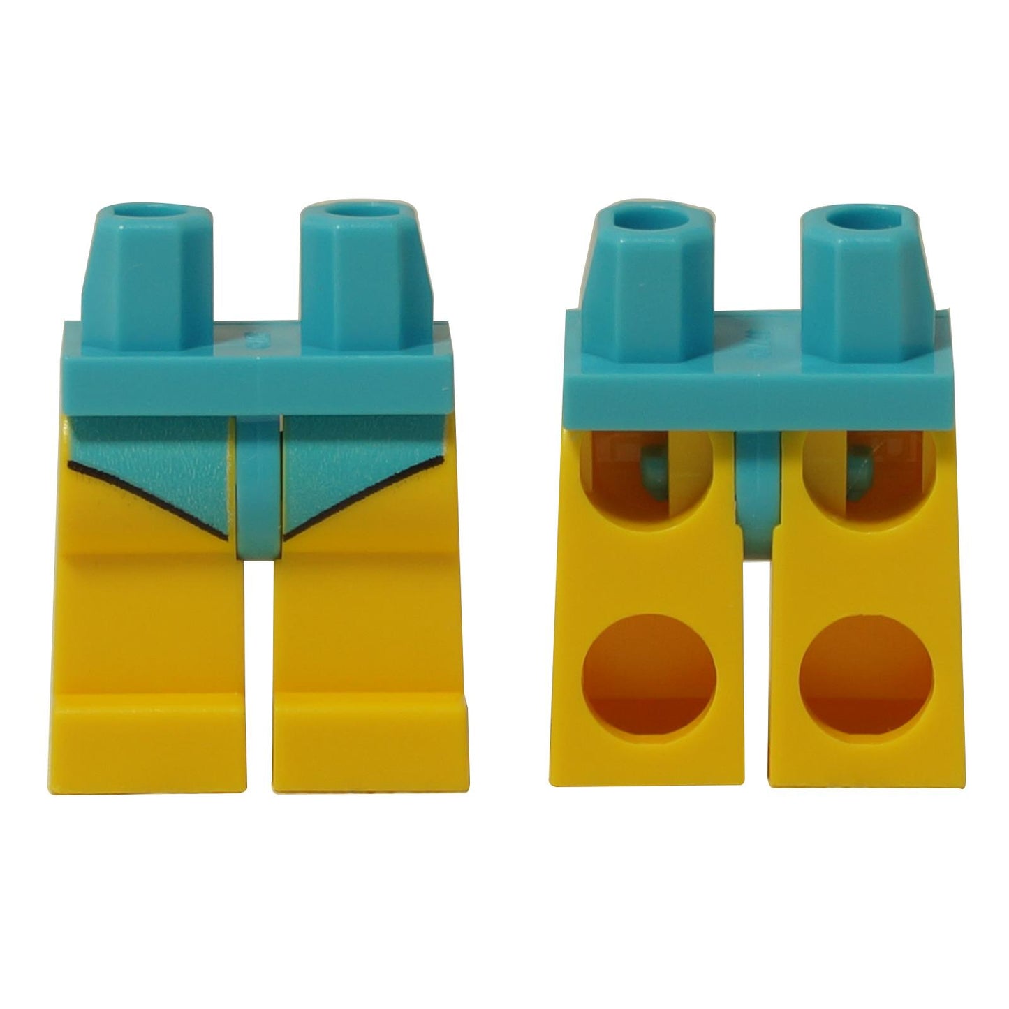 LEGO® minifigure legs (970c03pb44) with yellow legs and a medium azure hip piece, featuring a printed swimsuit pattern.