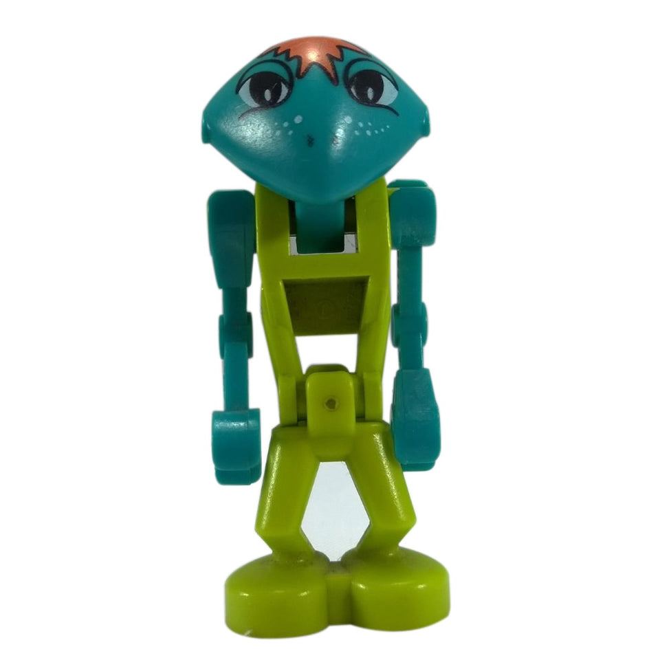 Front view of the LEGO® Life on Mars Altair Martian Minifigure (lom003a) showing its unique teal alien head and lime green torso.
