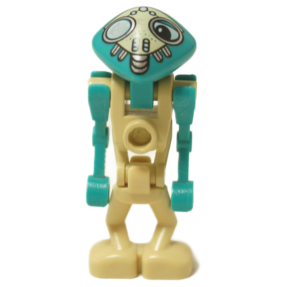 LEGO® Life on Mars Martian minifigure Canopus (lom006) showing its unique teal head with printed goggles, tan body, and teal articulated limbs.