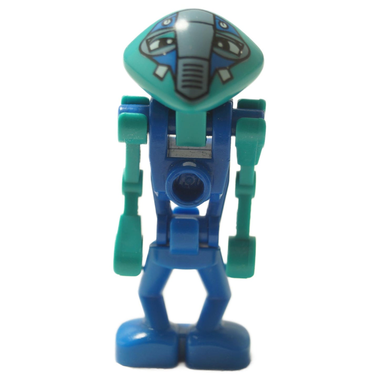 LEGO® Life on Mars Martian minifigure Centauri (lom008) showing its unique teal head with blue printing, a blue body, and teal articulated limbs.