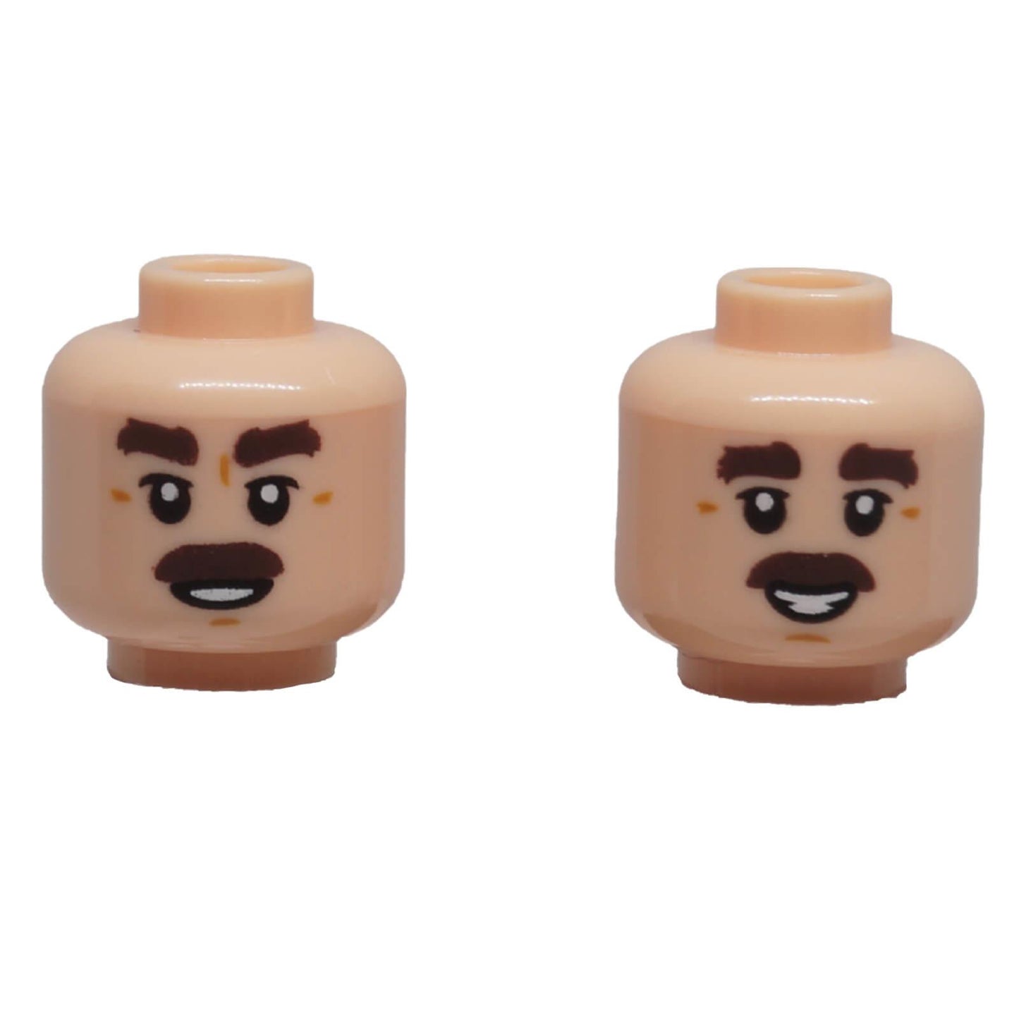 LEGO light nougat dual-sided minifigure head 3626pb3846 with dark brown moustache, grin and smile