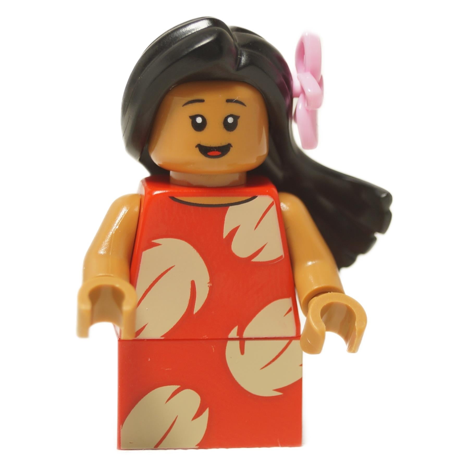 LEGO® Lilo minifigure smiling, wearing red leaf-print dress with long dark hair and pink flower accessory.