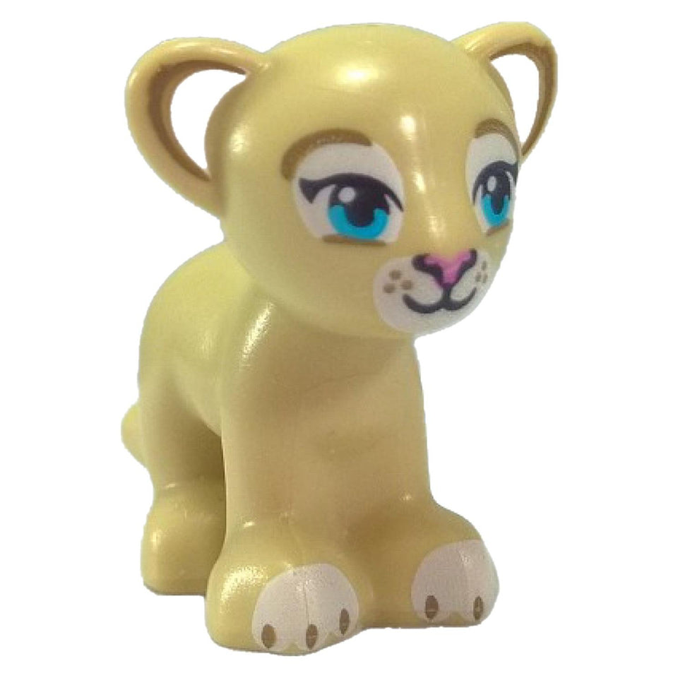 Figura de animal de leão bebé LEGO com olhos azuis e nariz rosa escuro, peça de safari selvagem 14734pb01