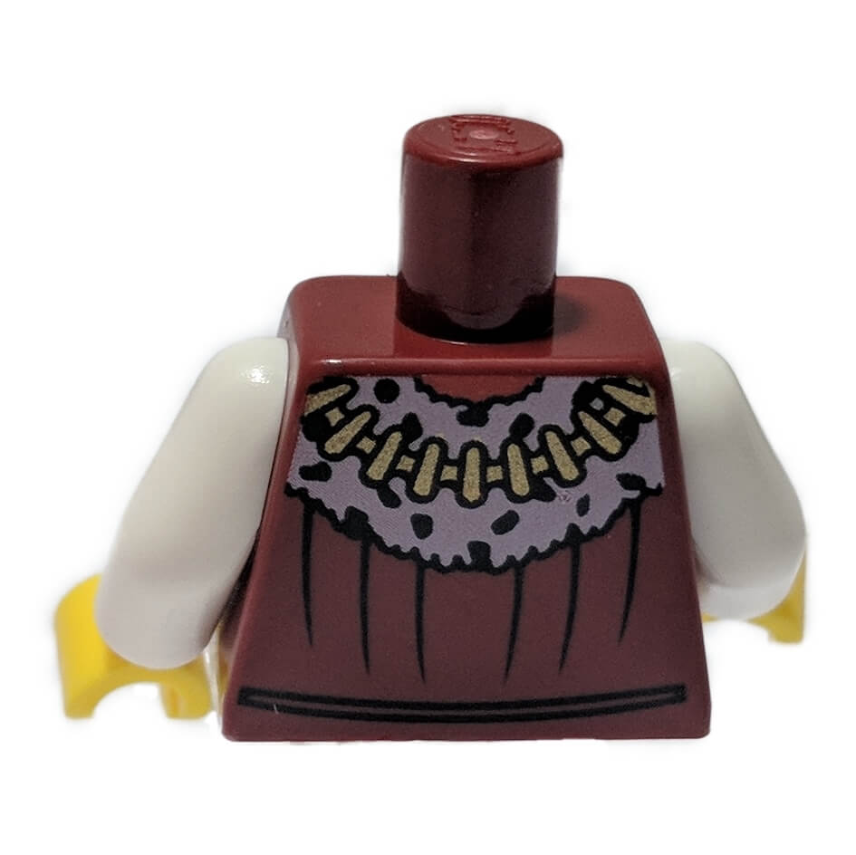 Backside of LEGO® Lion Knight King torso (973pb0697c01) in dark red, featuring a gold lion medallion, fur trim, and white arms.