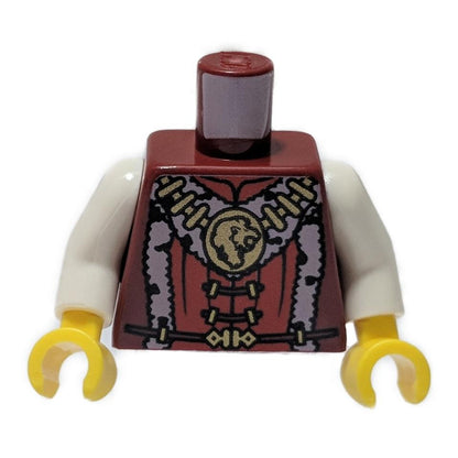 LEGO® Lion Knight King torso (973pb0697c01) in dark red, featuring a gold lion medallion, fur trim, and white arms.