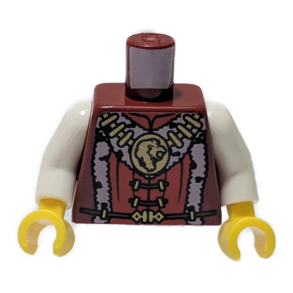 LEGO® Lion Knight King torso (973pb0697c01) in dark red, featuring a gold lion medallion, fur trim, and white arms.