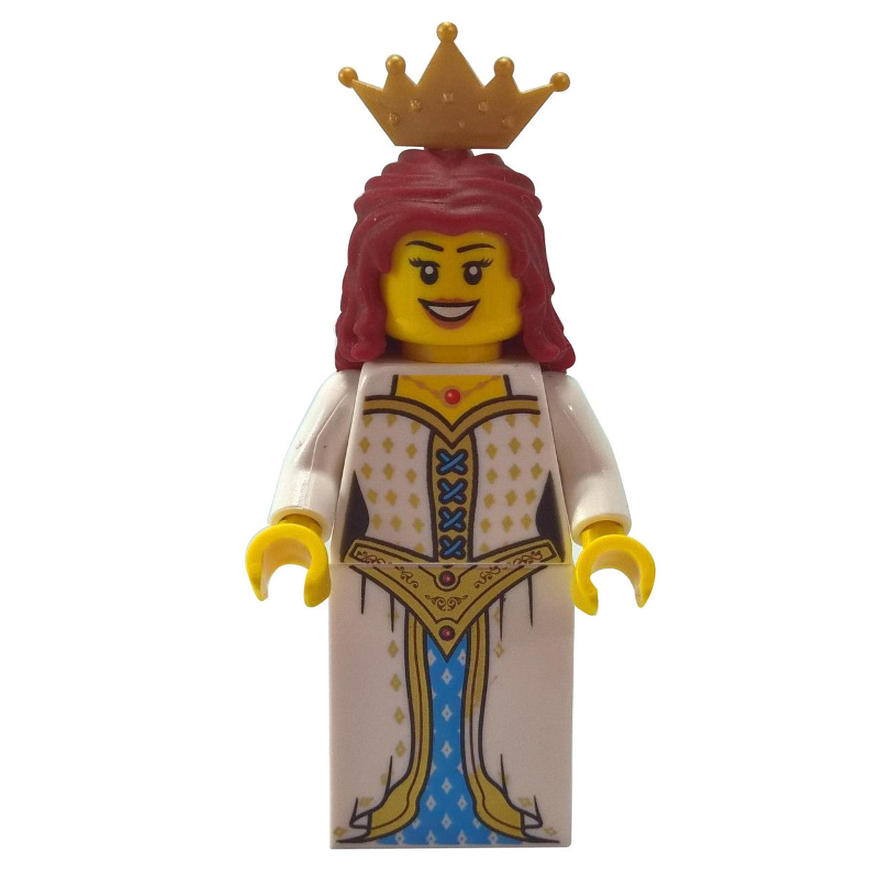 LEGO® Lion Princess minifigure (cas533) wearing a blue dress with the Lion Knights crest, with dark red hair and a smiling expression.