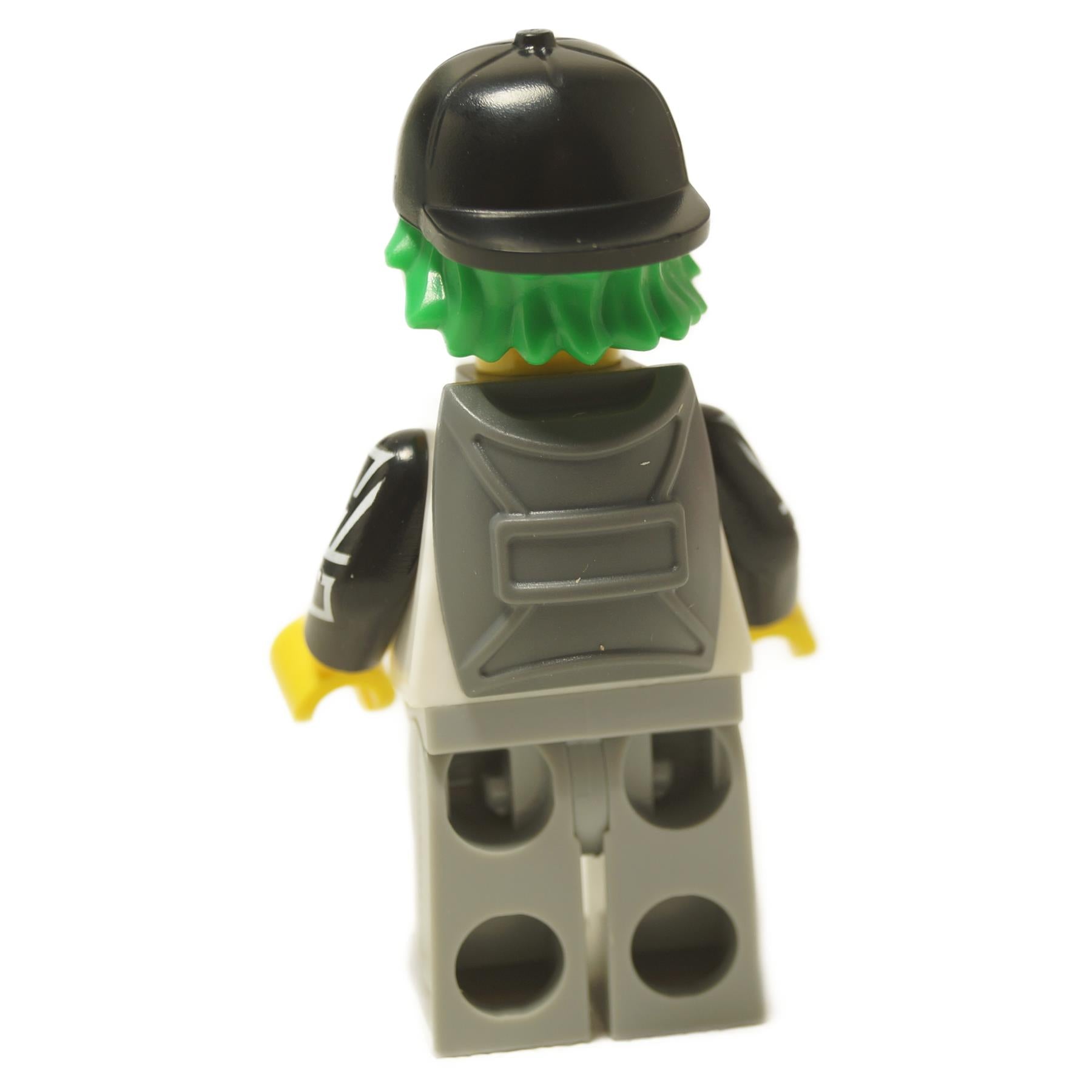  LEGO® Longboarder minifigure (col455) from Collectible Minifigures Series 27, with green hair, a backward cap, and ripped jeans. Back view.