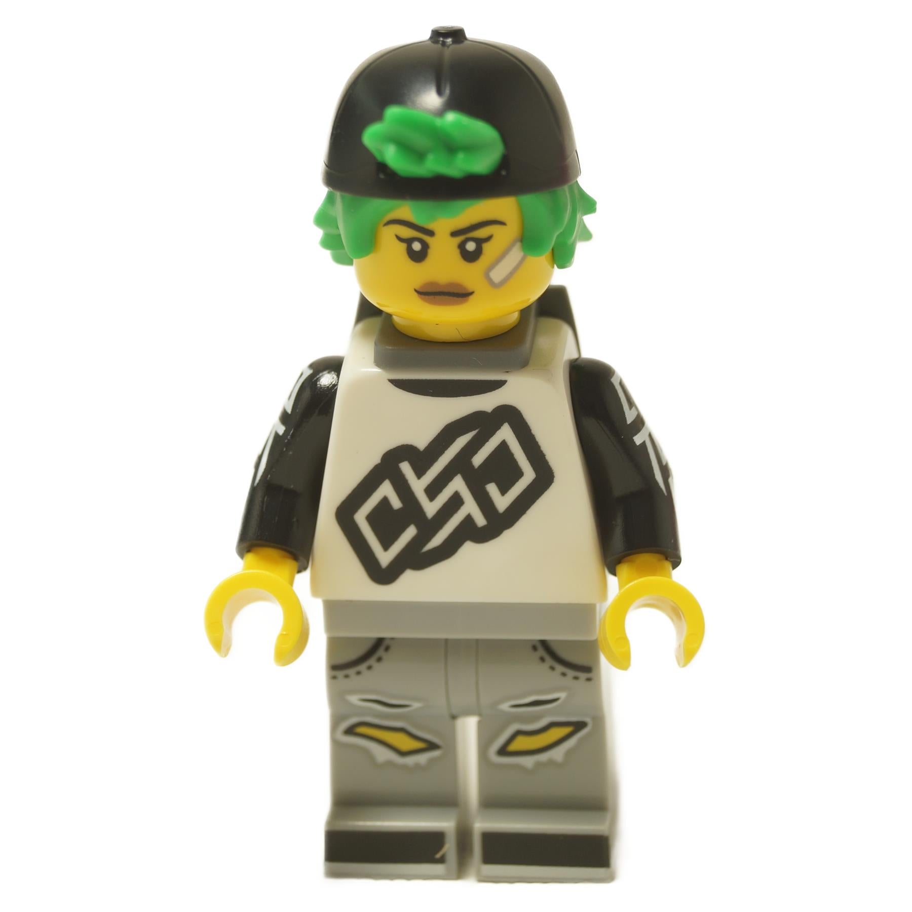  LEGO® Longboarder minifigure (col455) from Collectible Minifigures Series 27, with green hair, a backward cap, and ripped jeans.