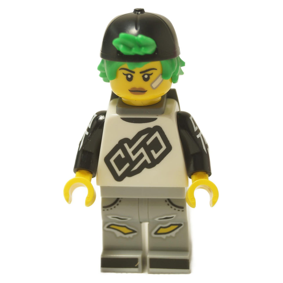  LEGO® Longboarder minifigure (col455) from Collectible Minifigures Series 27, with green hair, a backward cap, and ripped jeans.