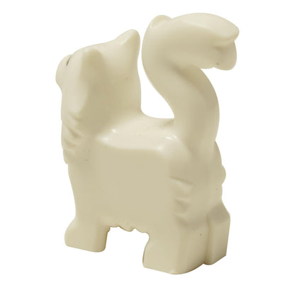 LEGO® white Maine Coon cat figure (6329pb01) with a long curly tail and a printed face with a pink nose. Back view.