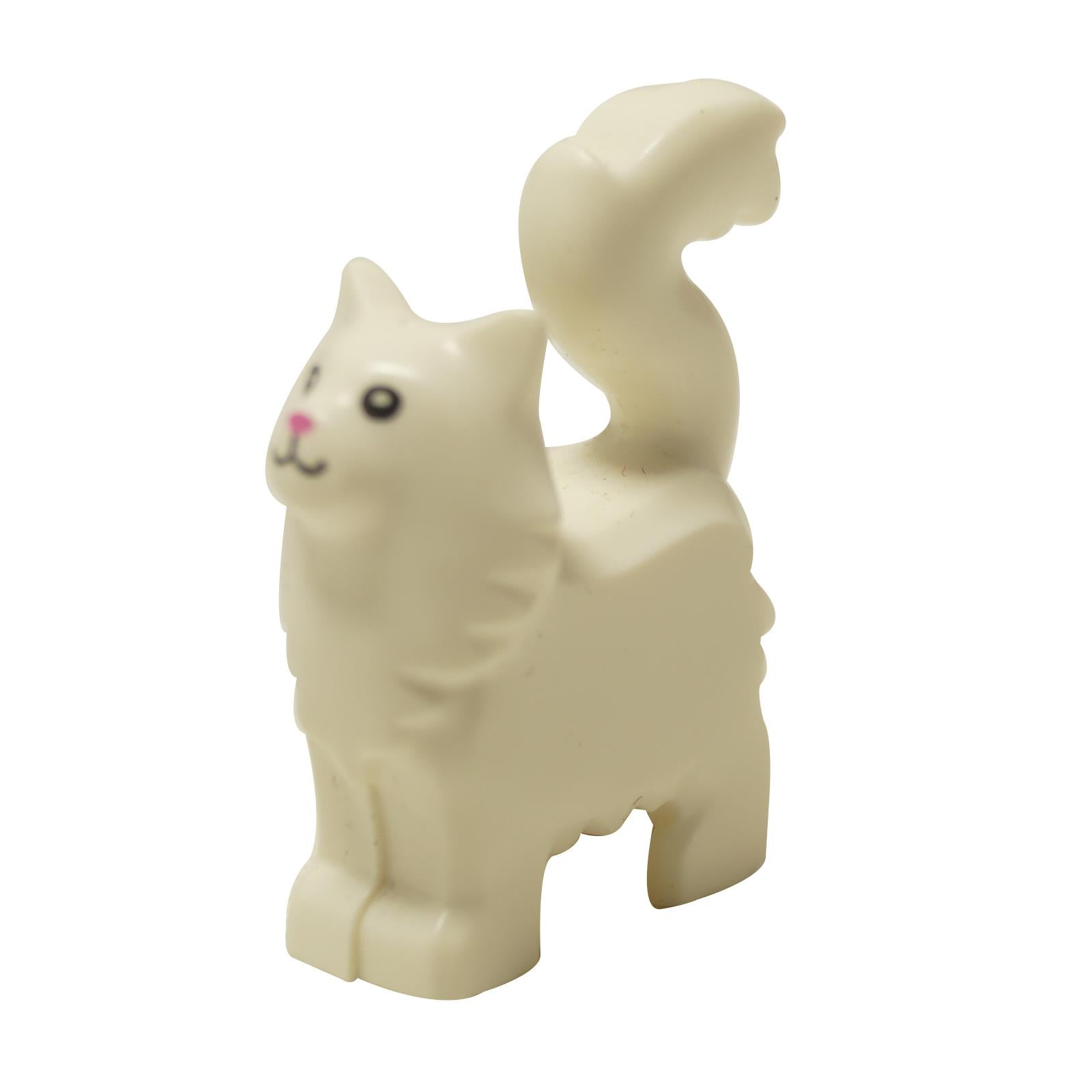 LEGO® white Maine Coon cat figure (6329pb01) with a long curly tail and a printed face with a pink nose. Side profile.
