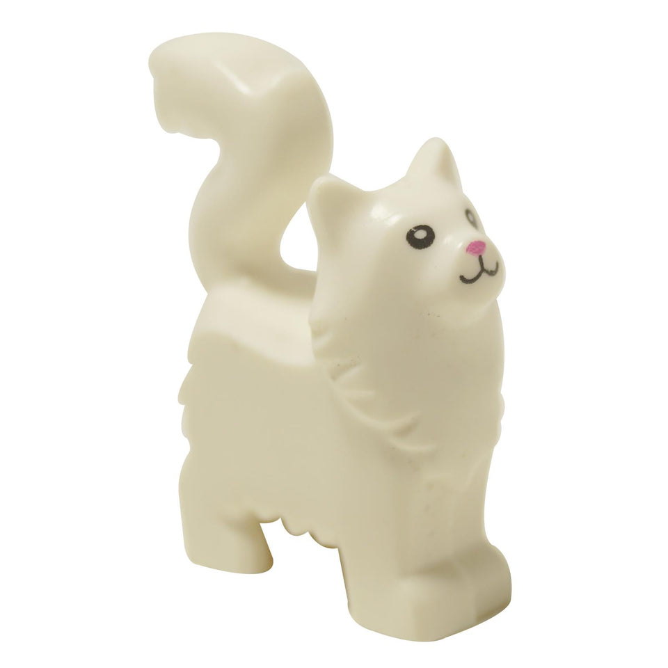 LEGO® white Maine Coon cat figure (6329pb01) with a long curly tail and a printed face with a pink nose.