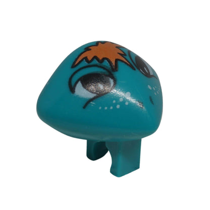 LEGO Martian head x117px2 in dark turquoise with orange hair, expressive eyes, white freckles and integrated clip shown from side angle