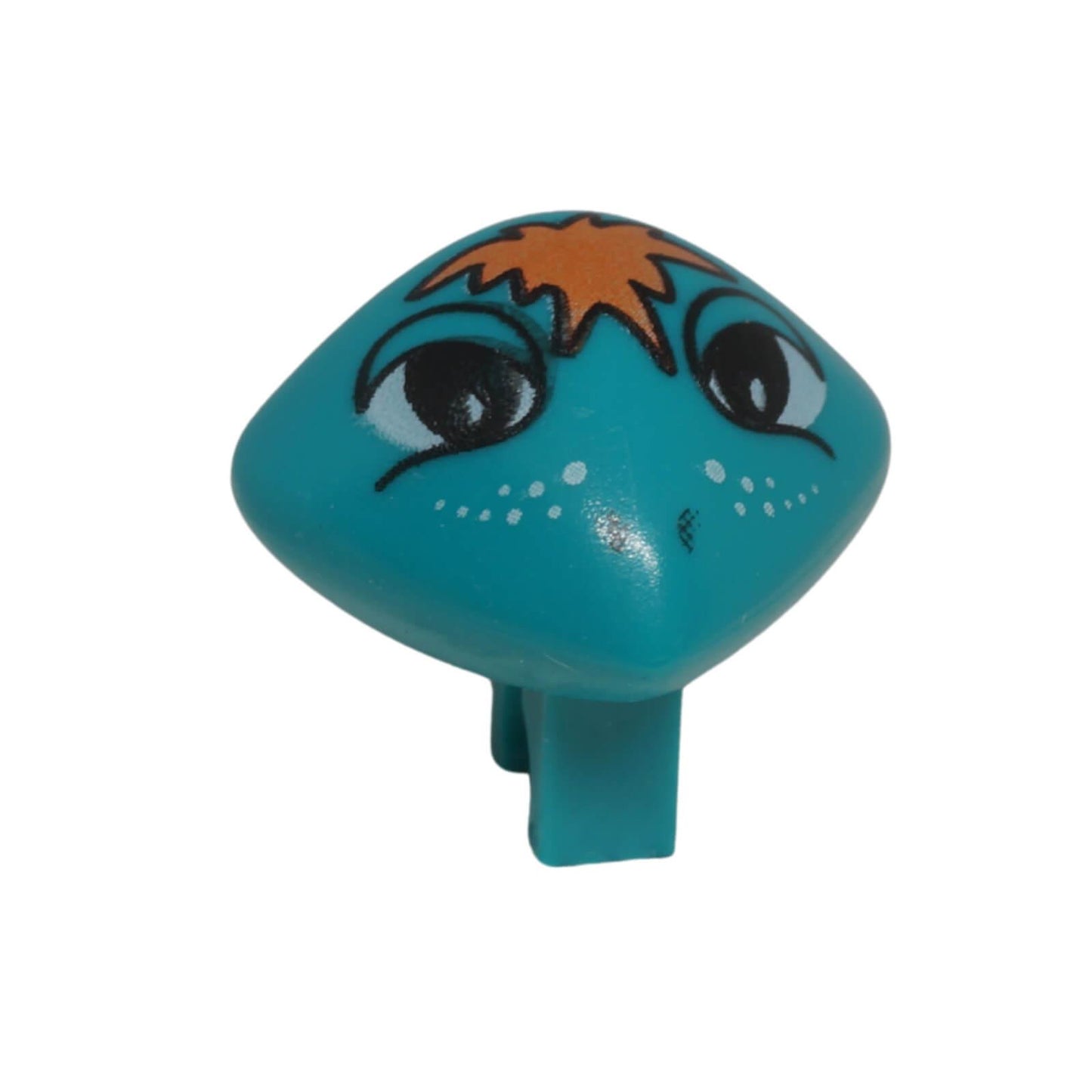 LEGO Martian head x117px2 in dark turquoise with orange hair, expressive eyes, white freckles and integrated clip shown 