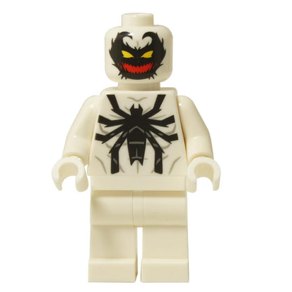 A LEGO® minifigure of Anti-Venom, with a white body featuring a large black spider symbol on the torso, white arms and hands, and a white head with a black, monstrous face, red mouth with sharp teeth, and yellow eyes, against a white background.
