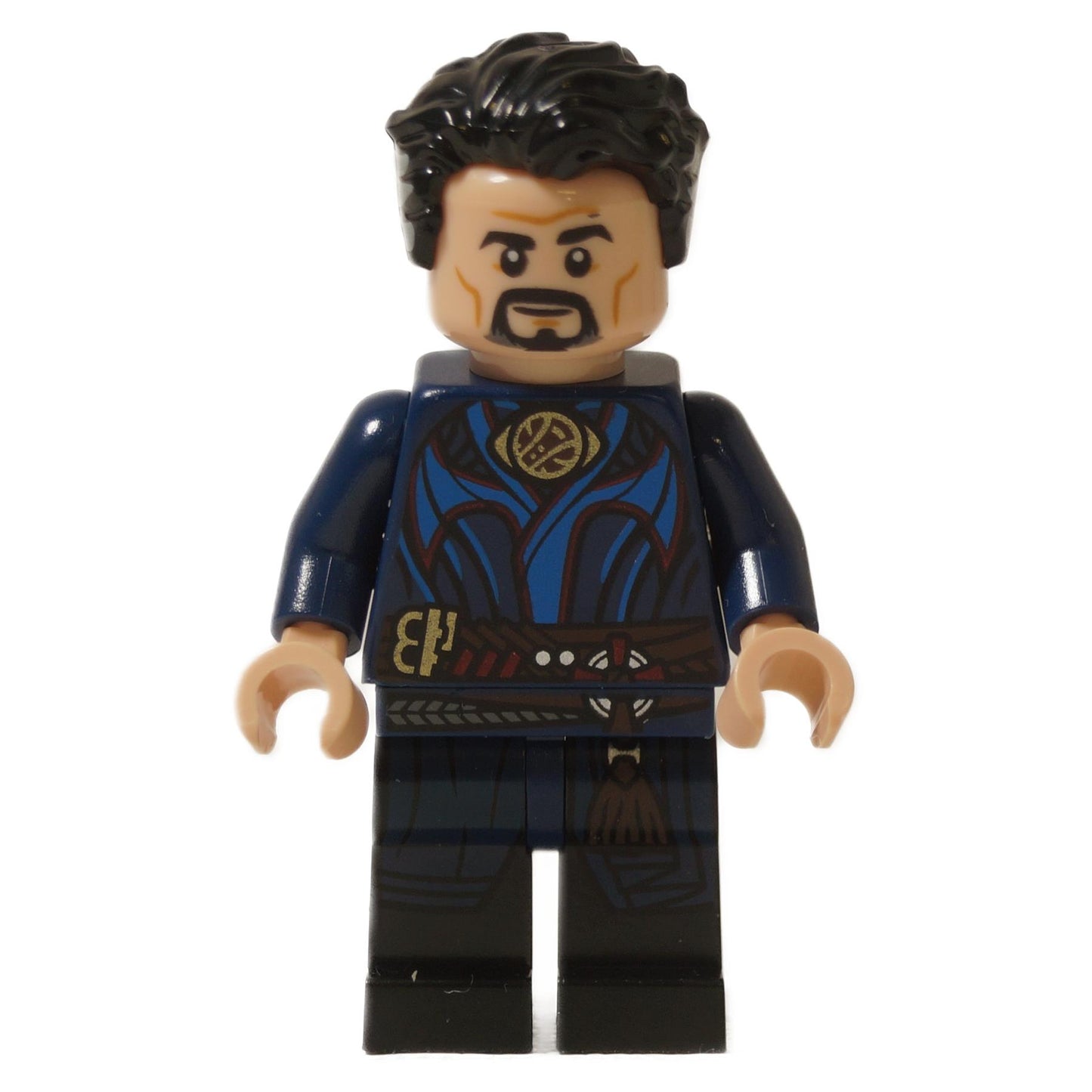 LEGO® Marvel Doctor Strange minifigure front view with dark blue robe and gold brooch detail.