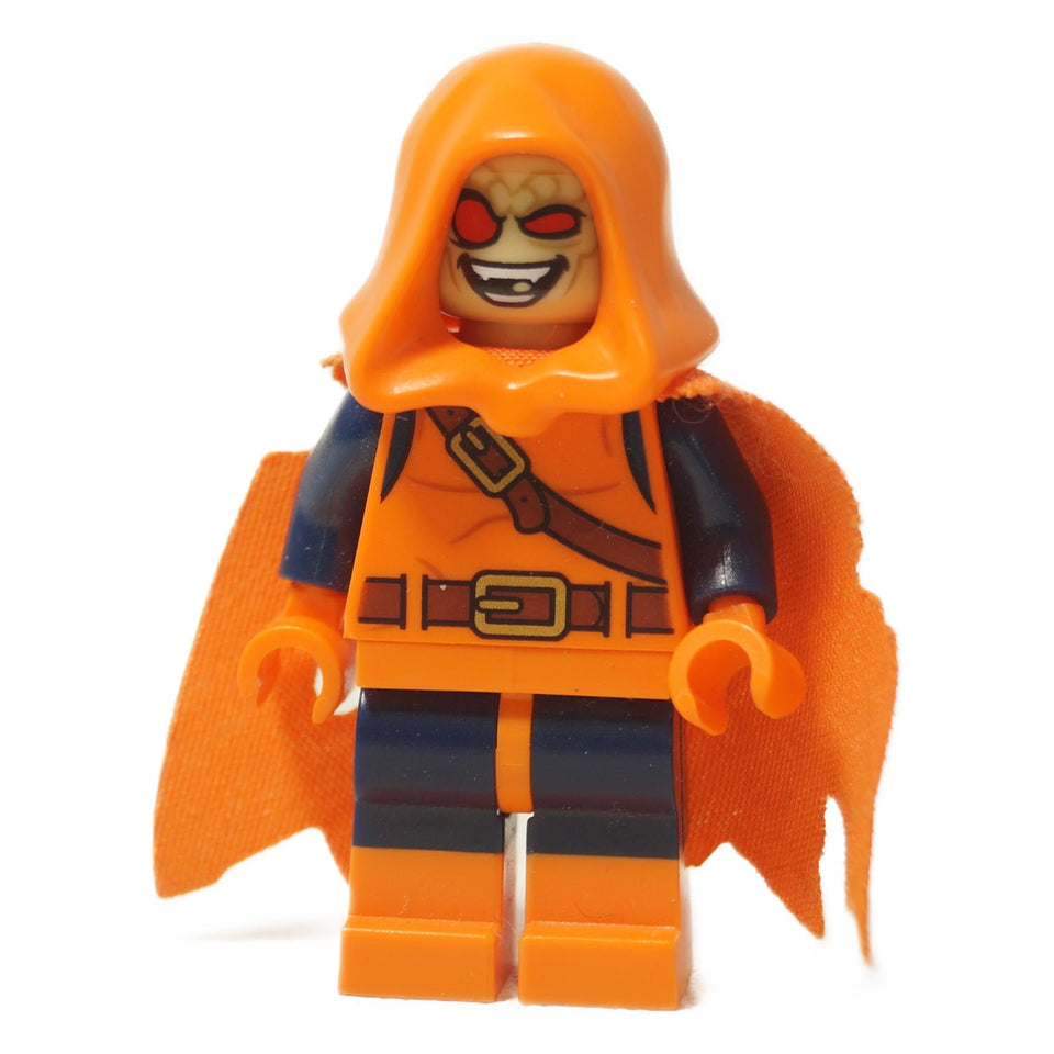 LEGO® Marvel Hobgoblin minifigure (sh0268) with orange hood, tattered cape, and two different facial expressions (smiling and angry).