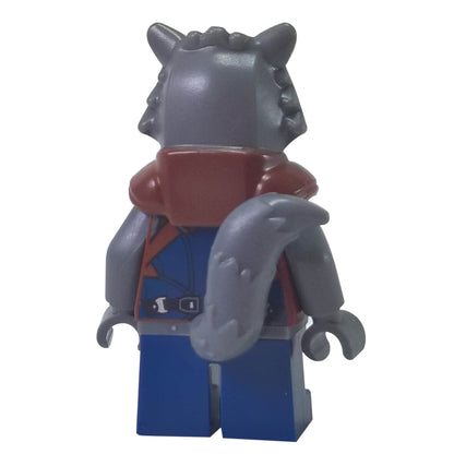 LEGO® Marvel Rocket Raccoon minifigure back view showing tail and printed jacket details